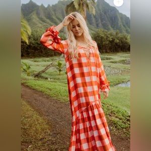 Sundress (French brand) gingham coral dress with ruffle detail sleeves